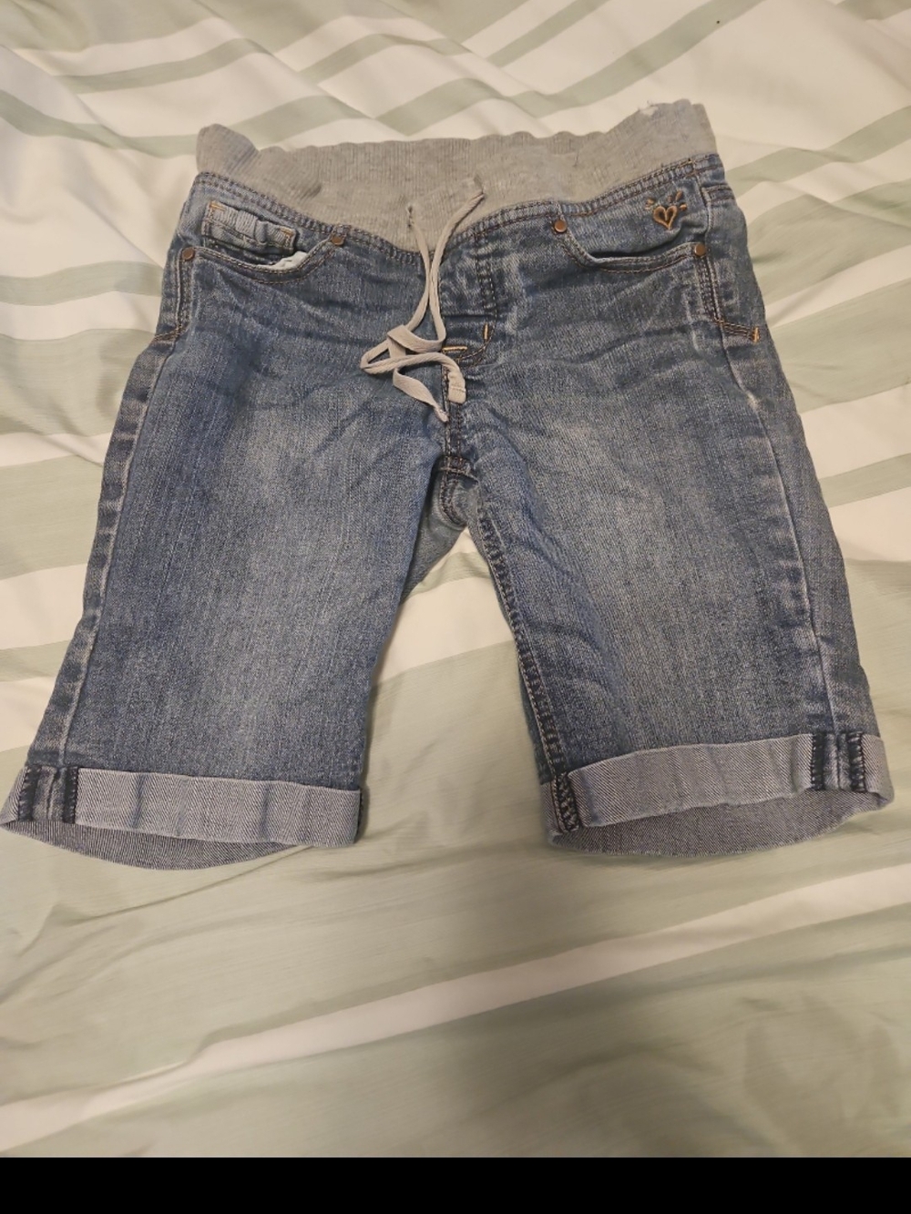 Justice Girls Denim Knit-Waist Roll Cuff Shorts in Blue and Gray